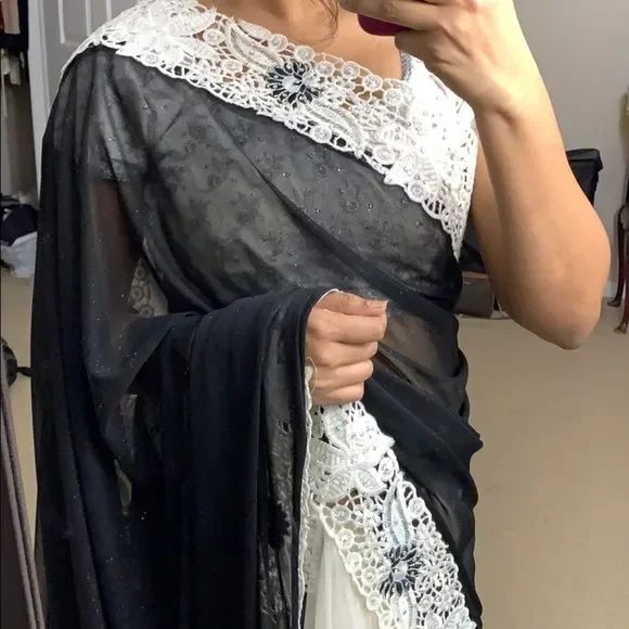 Black and white shimmer net heavy work saree - Picture 4 of 7